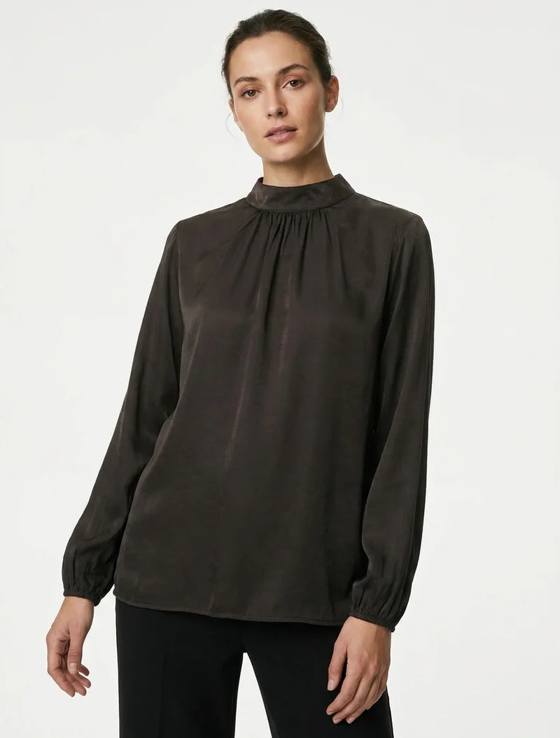 Blouse satinée à poignets élastiqués - Marron
