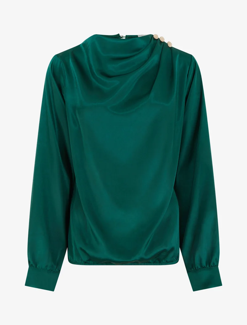 Top boule satiné à col bénitier et boutons - Vert sapin
