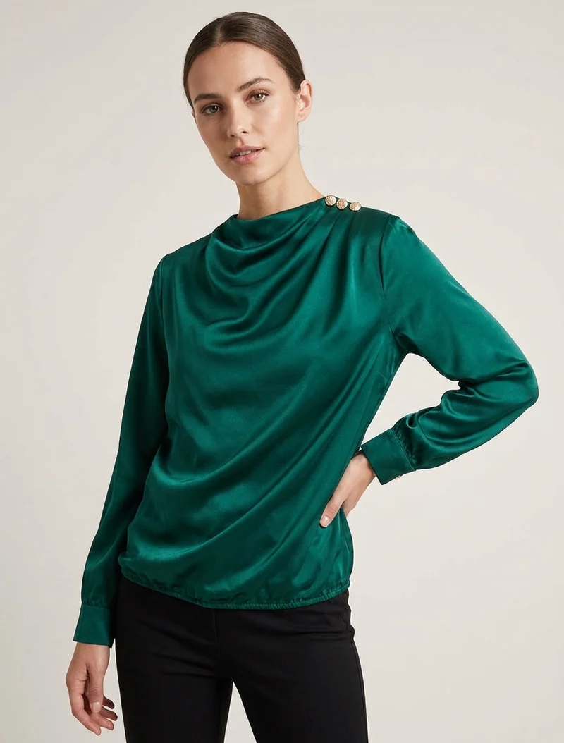 Top boule satiné à col bénitier et boutons - Vert sapin