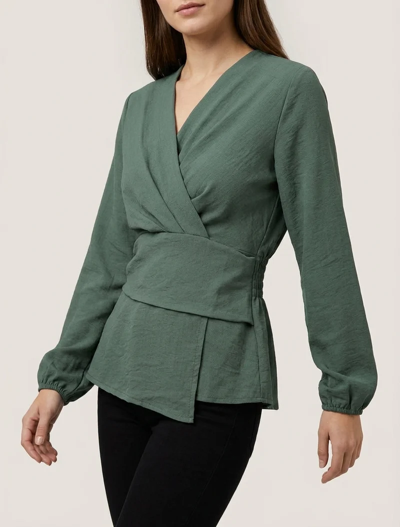 Blouse unie à col cache-coeur - Kaki foncé