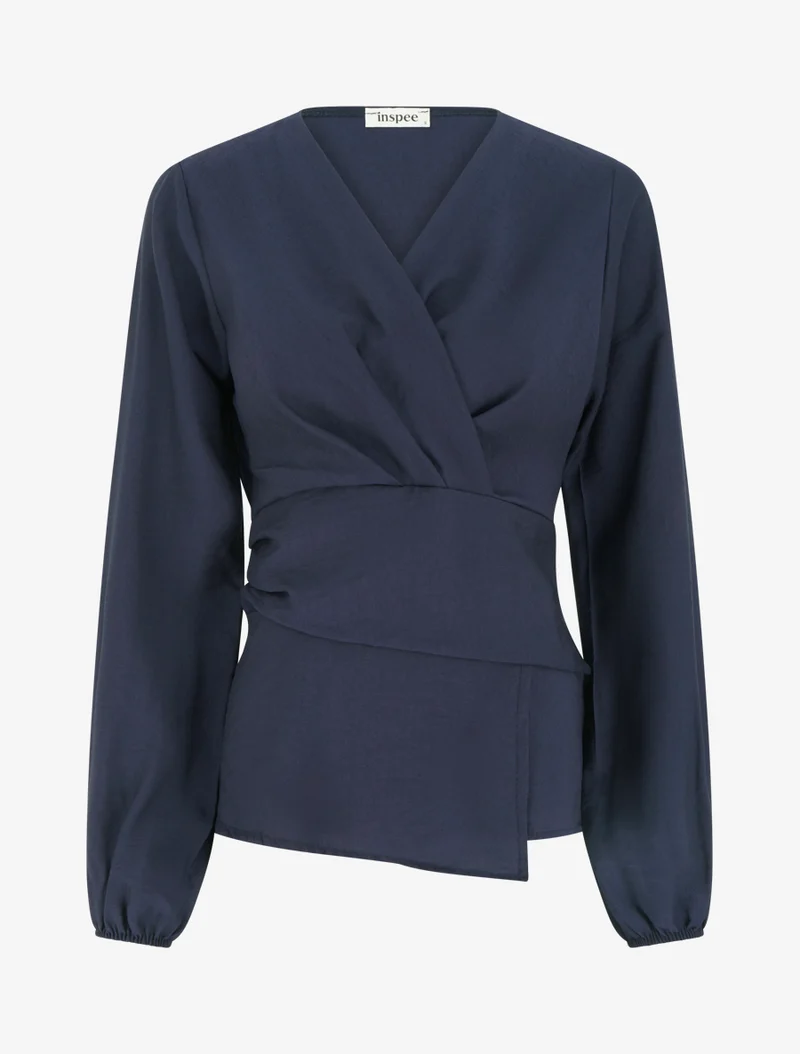 Blouse unie à col cache-coeur - Marine