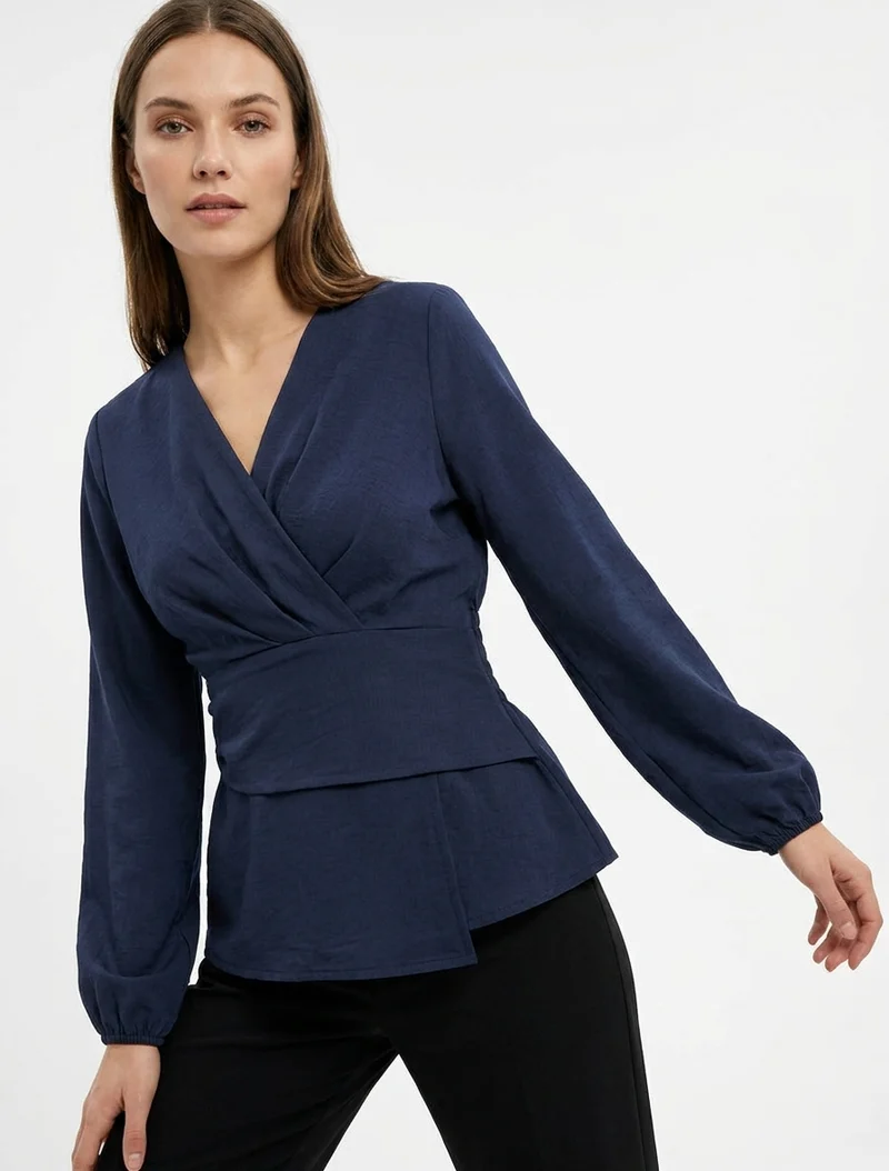 Blouse unie à col cache-coeur - Marine