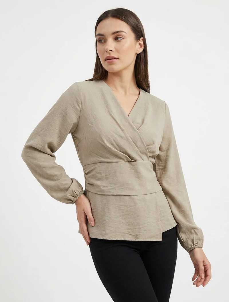 Blouse unie à col cache-coeur - Taupe