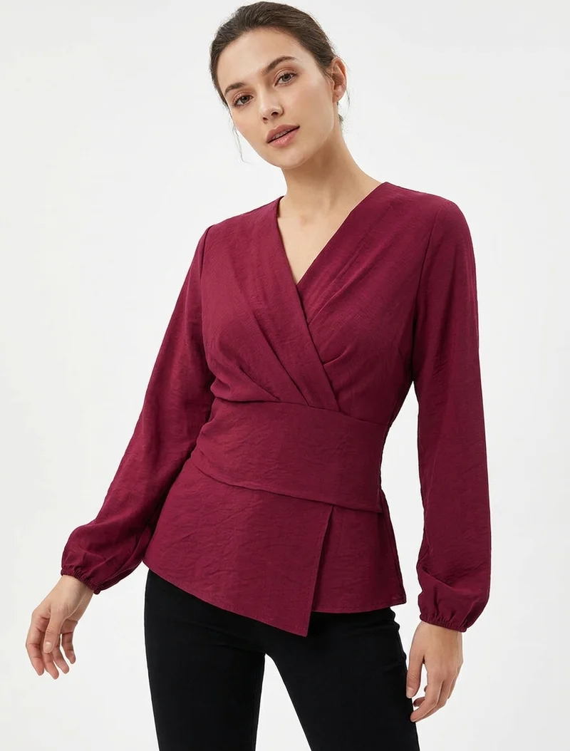 Blouse unie à col cache-coeur - Lie de vin