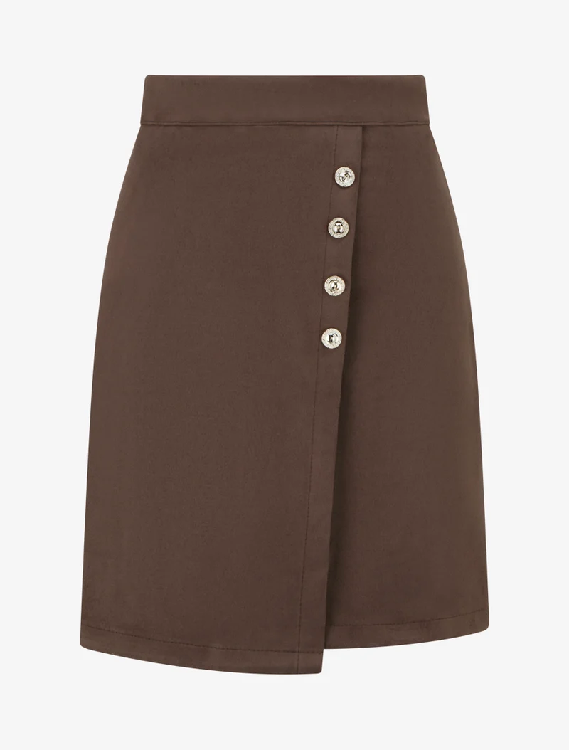 Jupe en suédine style portefeuille à boutons - Marron