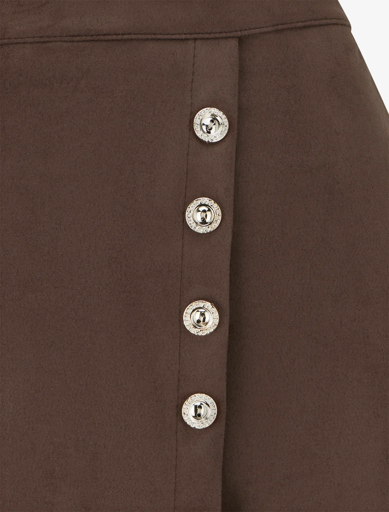 Jupe en suédine style portefeuille à boutons - Marron