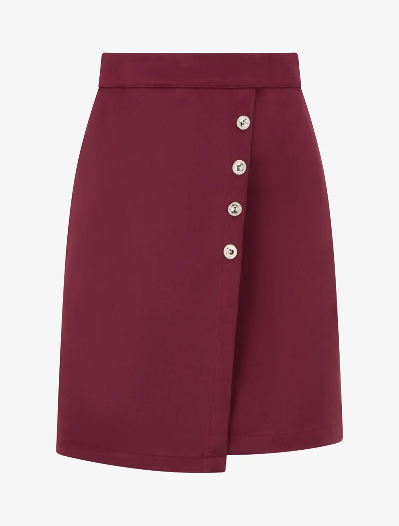 Jupe en suédine style portefeuille à boutons - Bordeaux