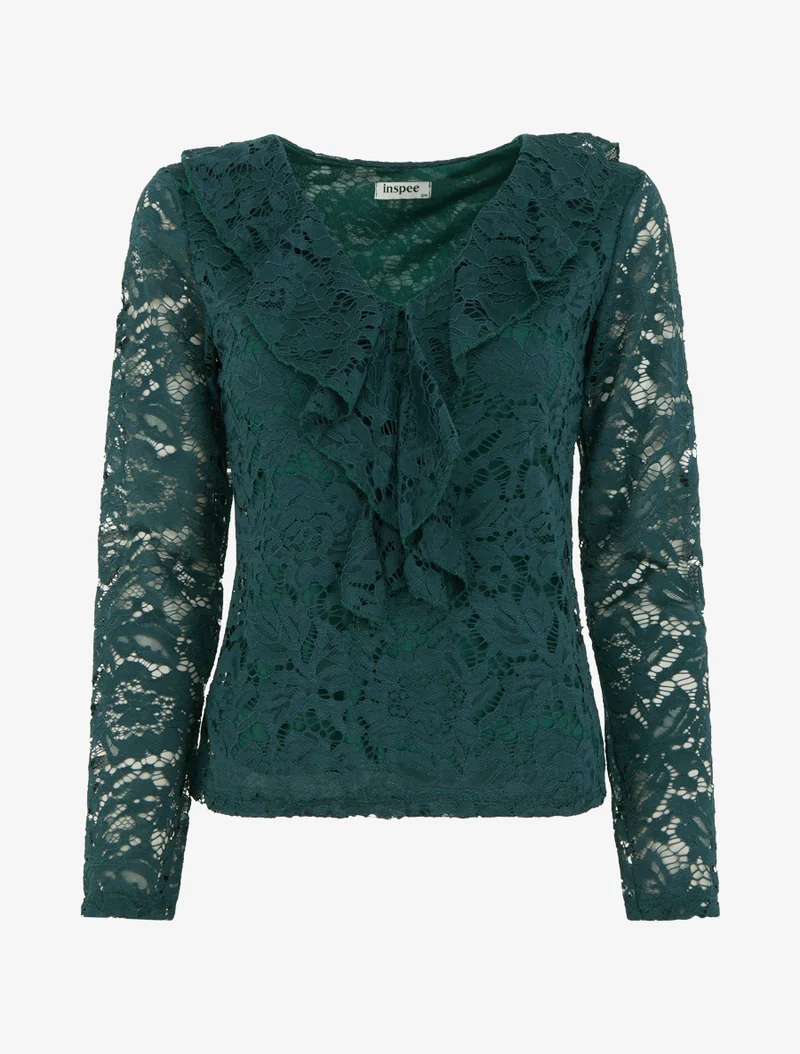 Top en dentelle à col V volanté - Vert foncé