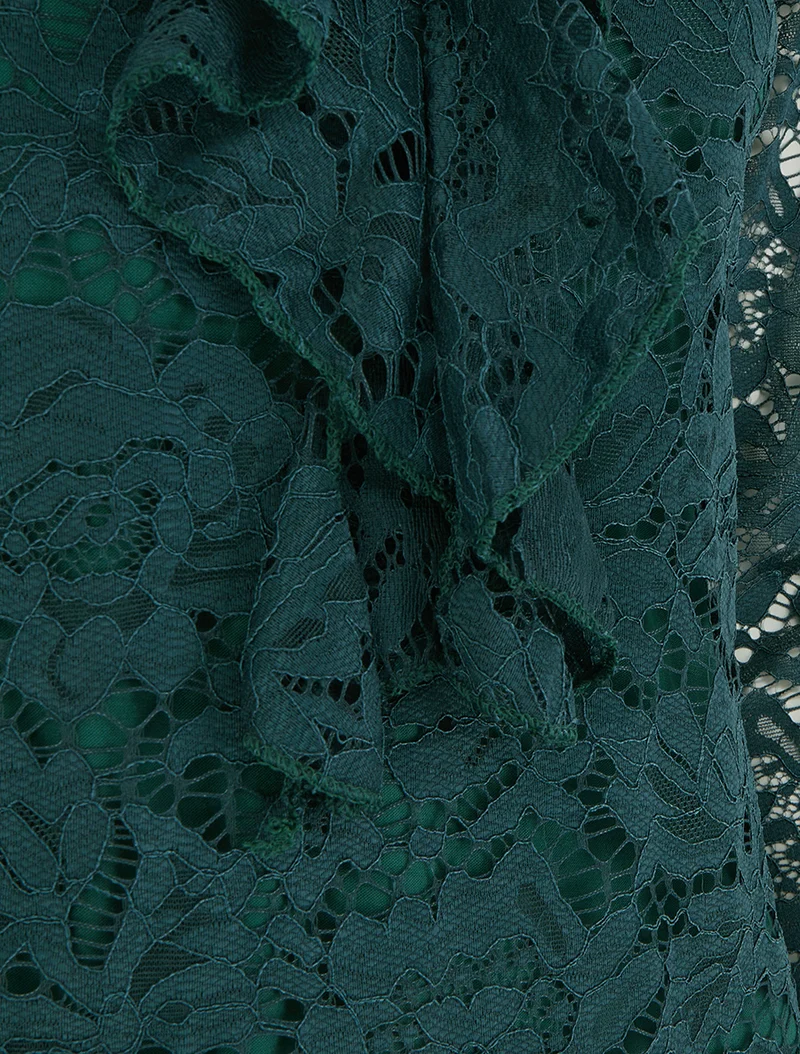Top en dentelle à col V volanté - Vert foncé