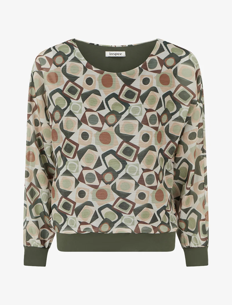 Blouse imprimé rétro à détail irisé - Kaki