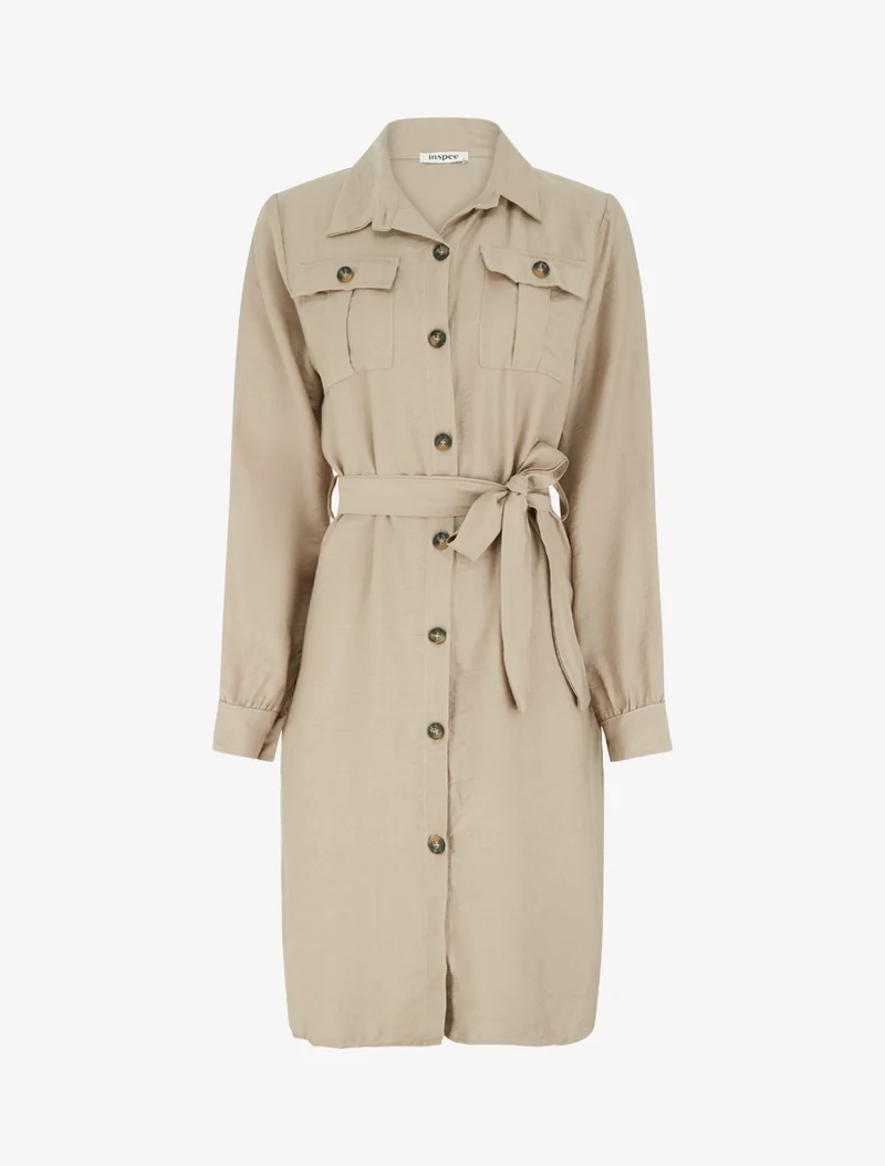 Robe chemise unie à nouer - Beige