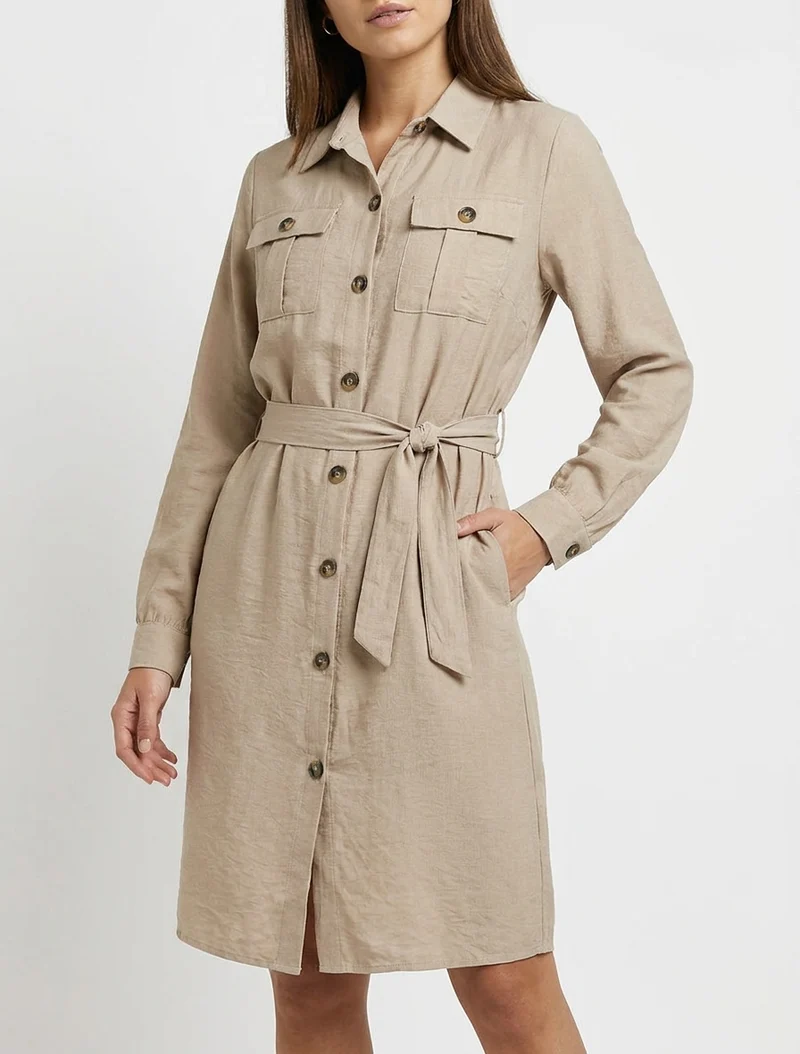 Robe chemise unie à nouer - Beige