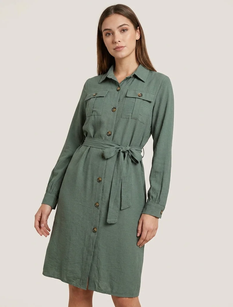 Robe chemise unie à nouer - Kaki