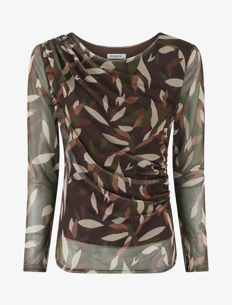 Top imprimé abstrait en tulle - Marron