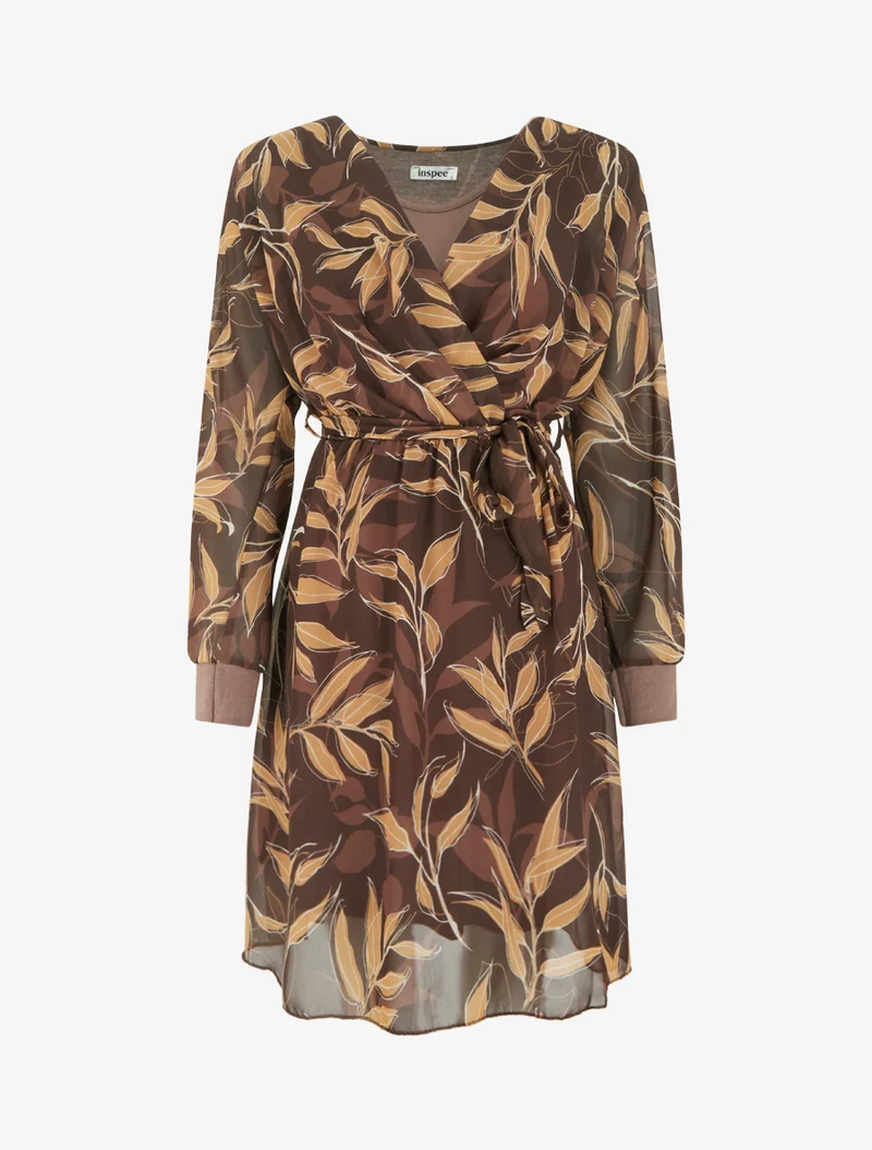 Robe droite à imprimé feuillages - Marron