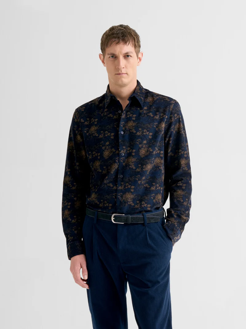 Chemise slim en velours fleurie