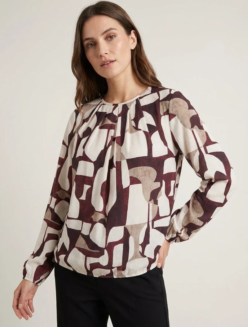 Blouse imprimé rétro à col rond - Bordeaux