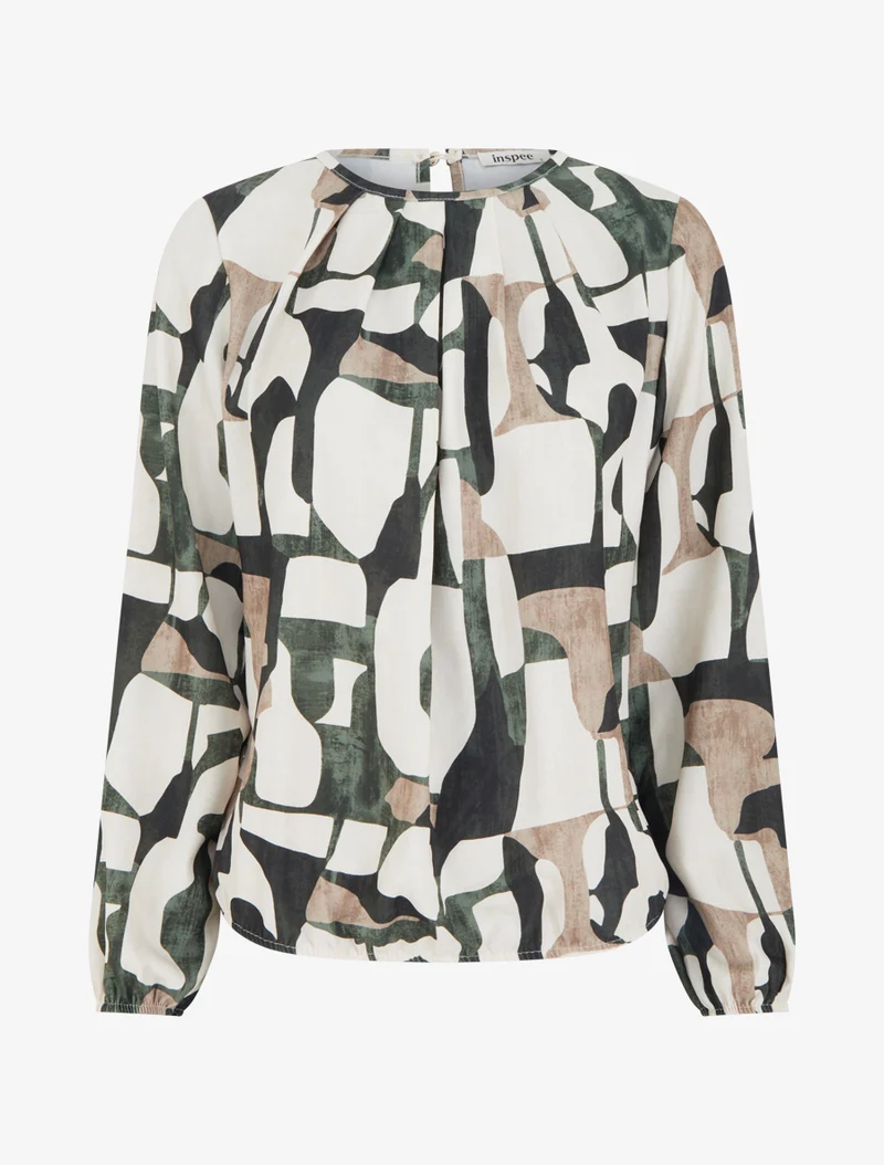Blouse imprimé rétro à col rond - Kaki
