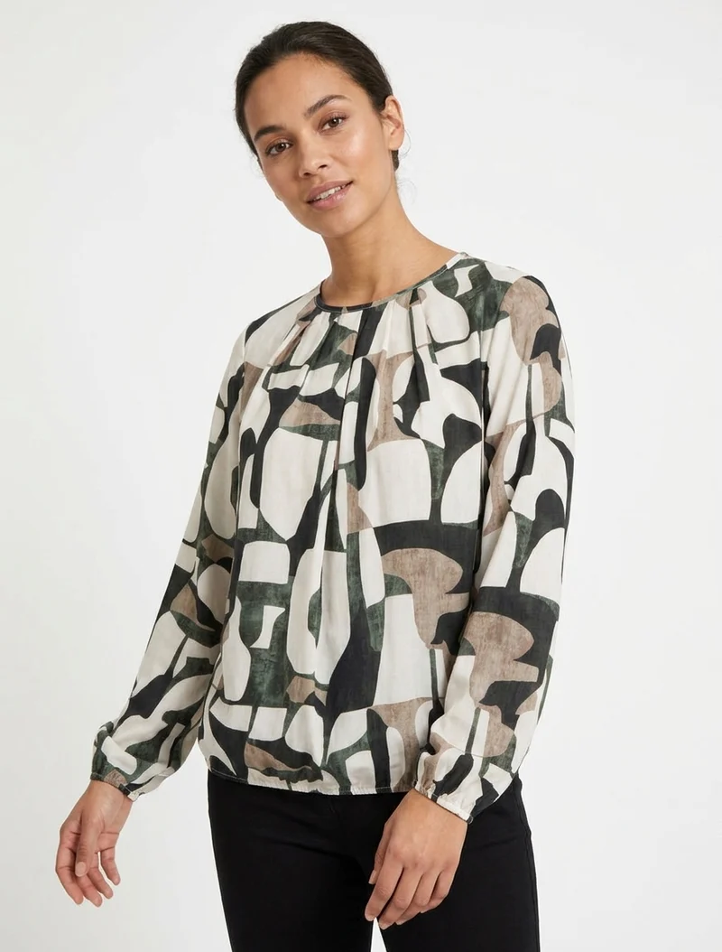 Blouse imprimé rétro à col rond - Kaki