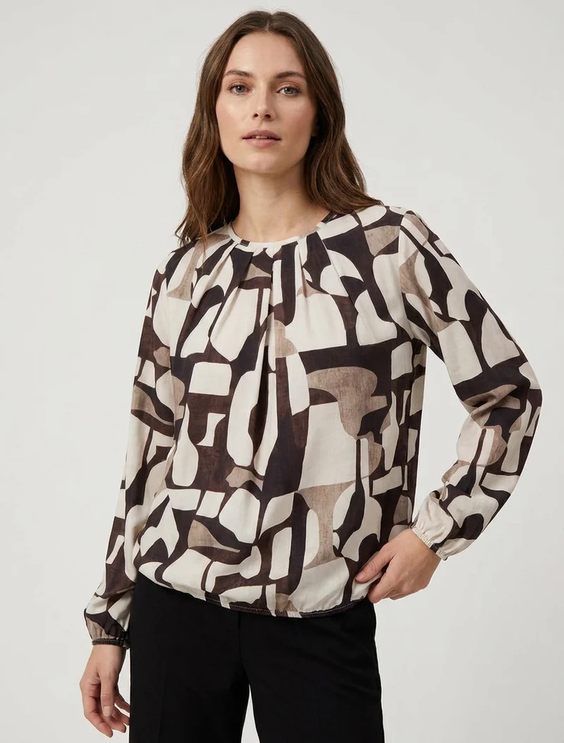 Blouse imprimé rétro à col rond - Marron