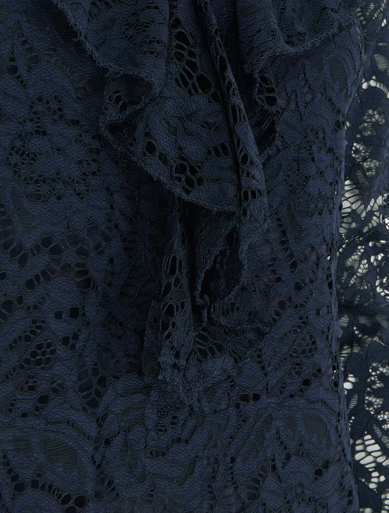 Top en dentelle à col V volanté - Marine
