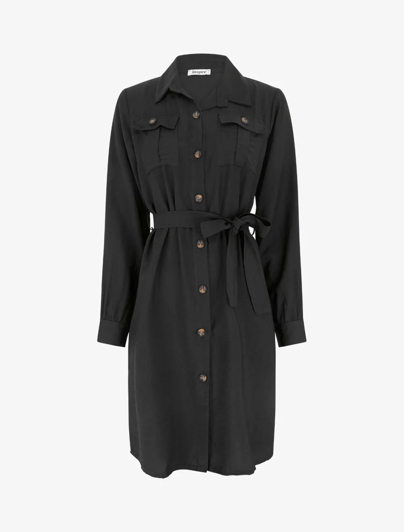 Robe chemise unie à nouer - Noir