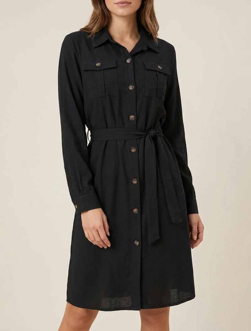 Robe chemise unie à nouer - Noir