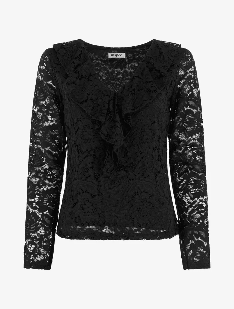 Top en dentelle à col V volanté - Noir