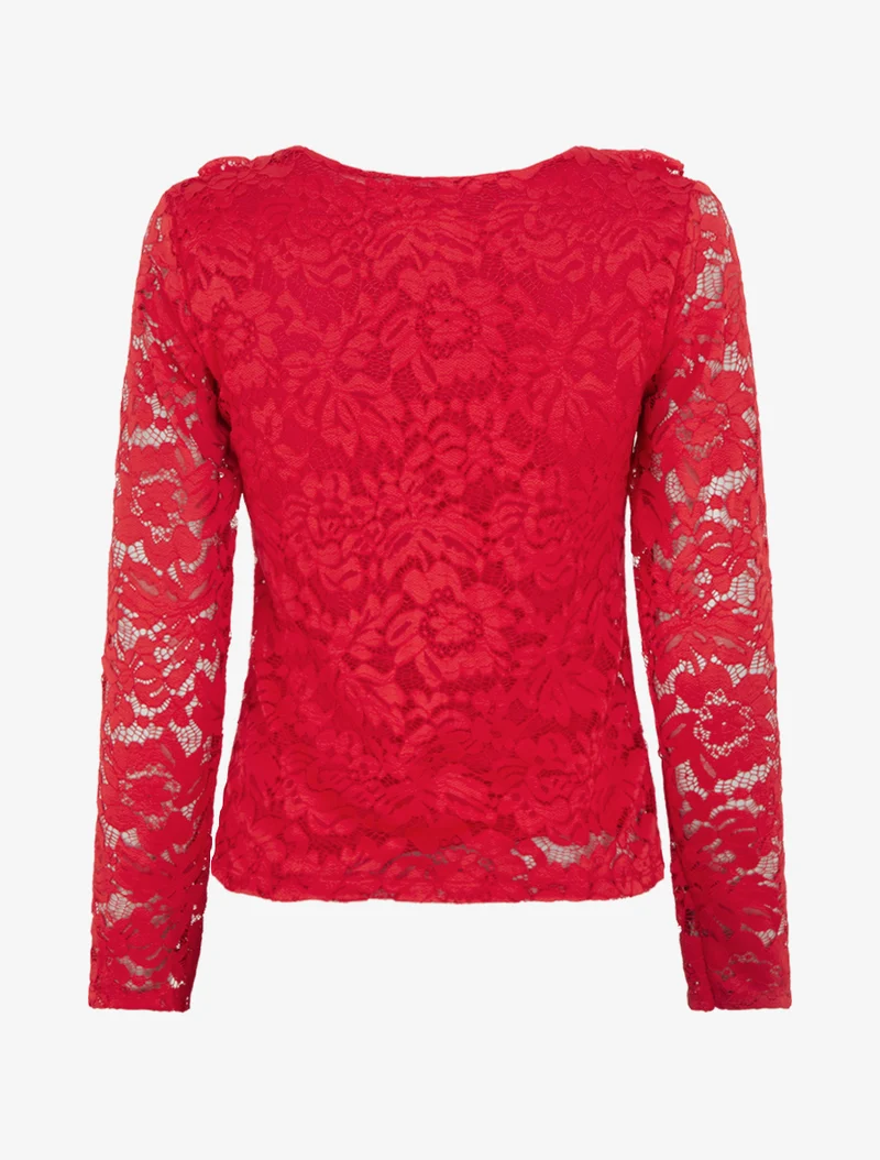 Top en dentelle à col V volanté - Rouge
