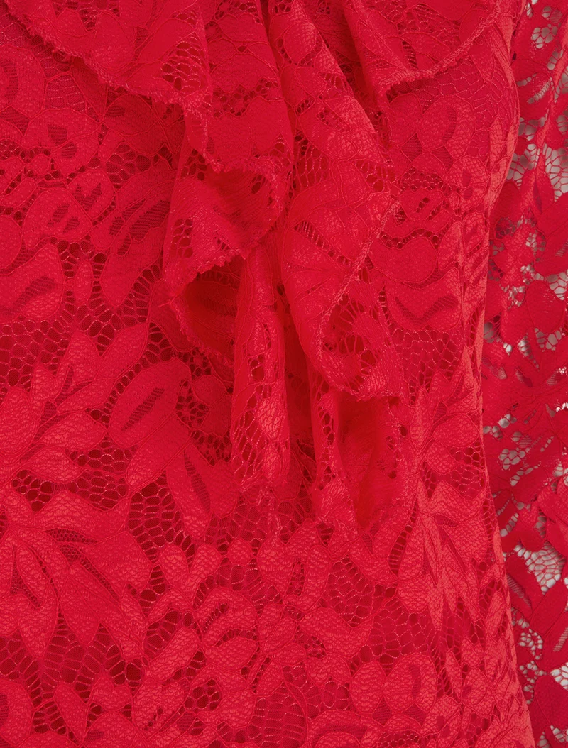 Top en dentelle à col V volanté - Rouge