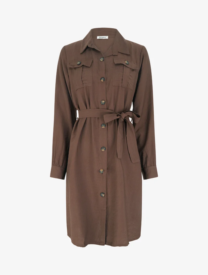 Robe chemise unie à nouer - Marron