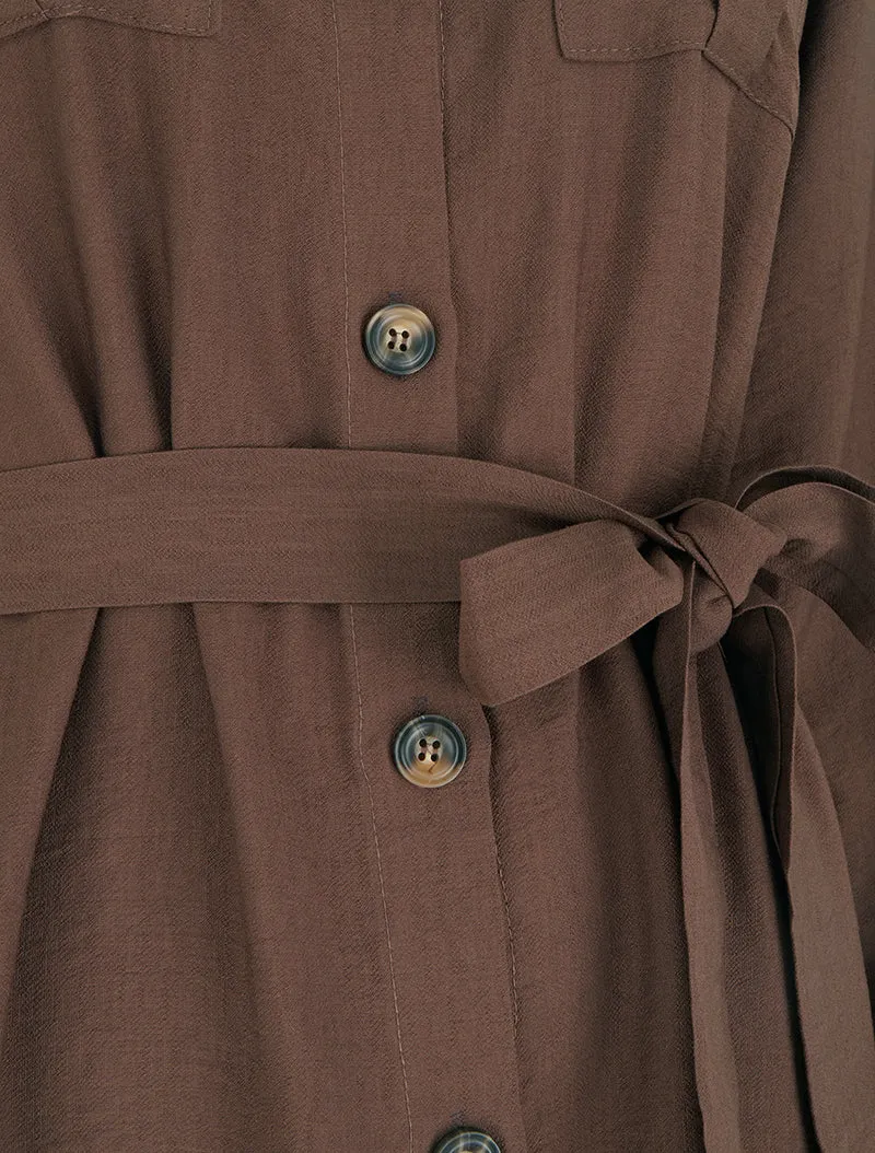 Robe chemise unie à nouer - Marron