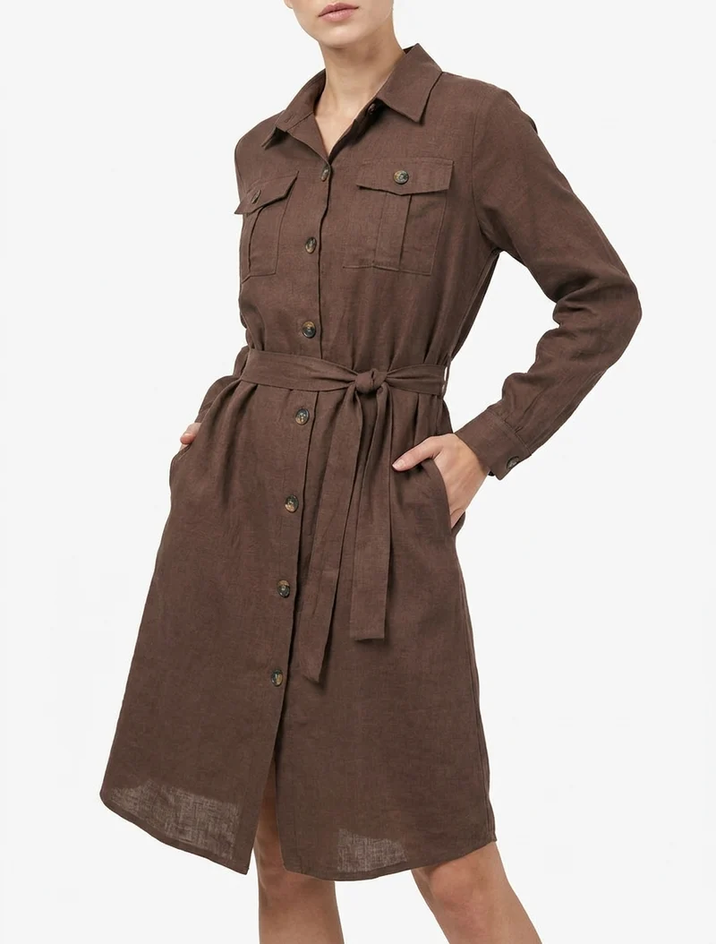 Robe chemise unie à nouer - Marron