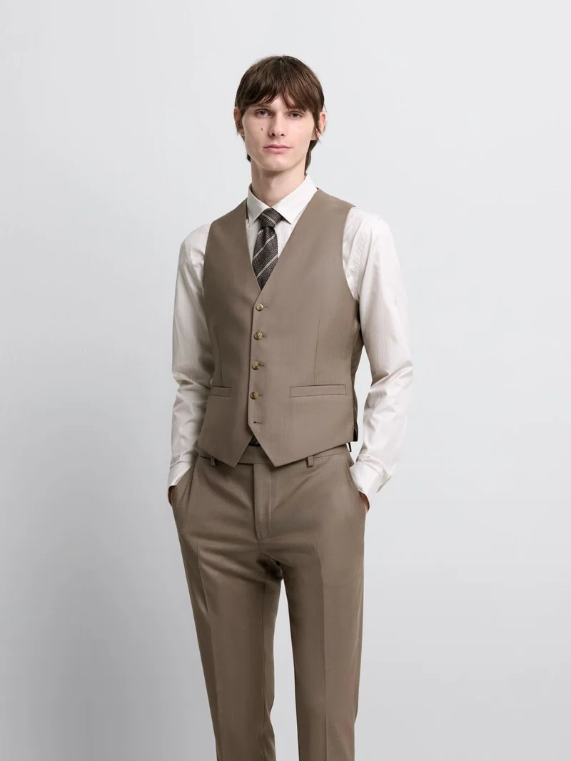 Costume 3 pièces slim en laine marron clair