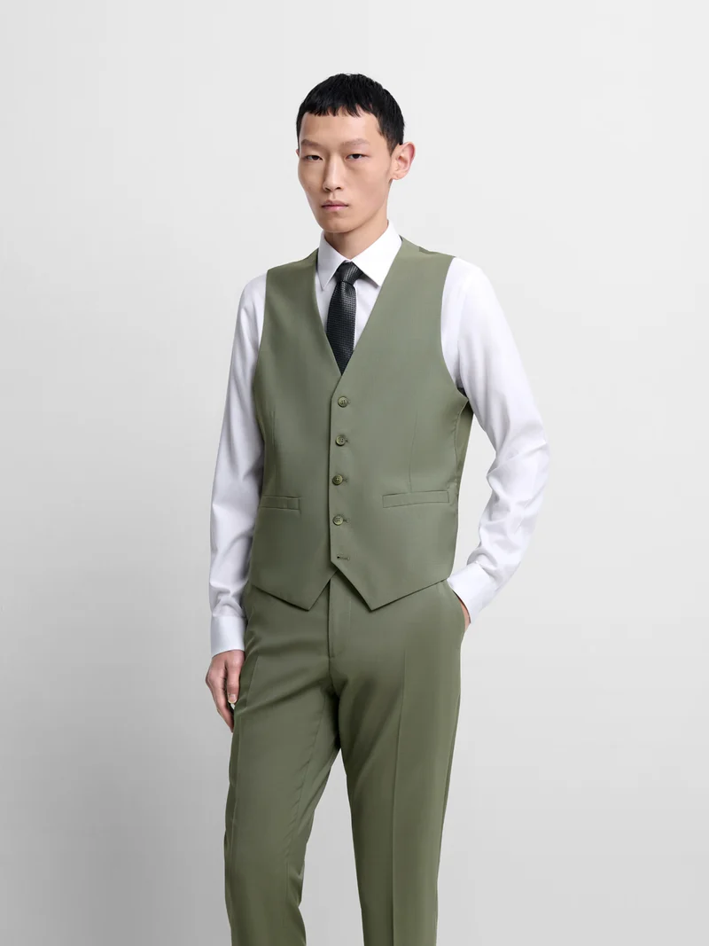 Costume 3 pièces slim en laine vert bronze