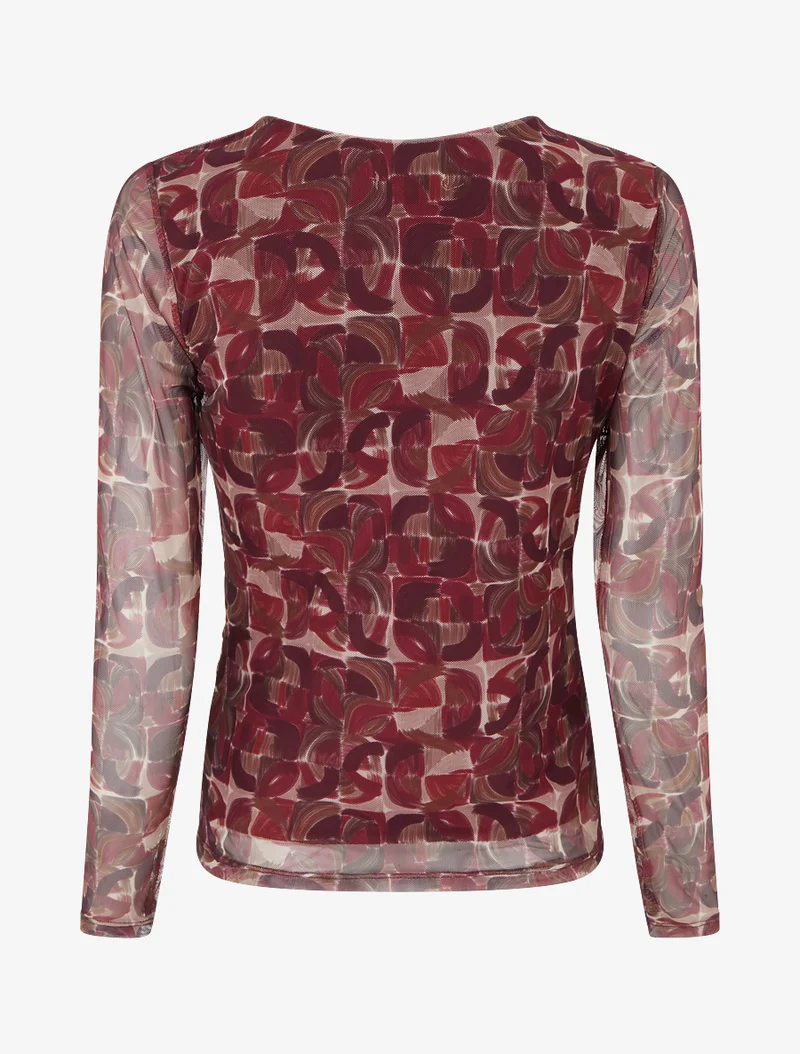 Top en tulle imprimé abstrait à empiècement bijou - Prune