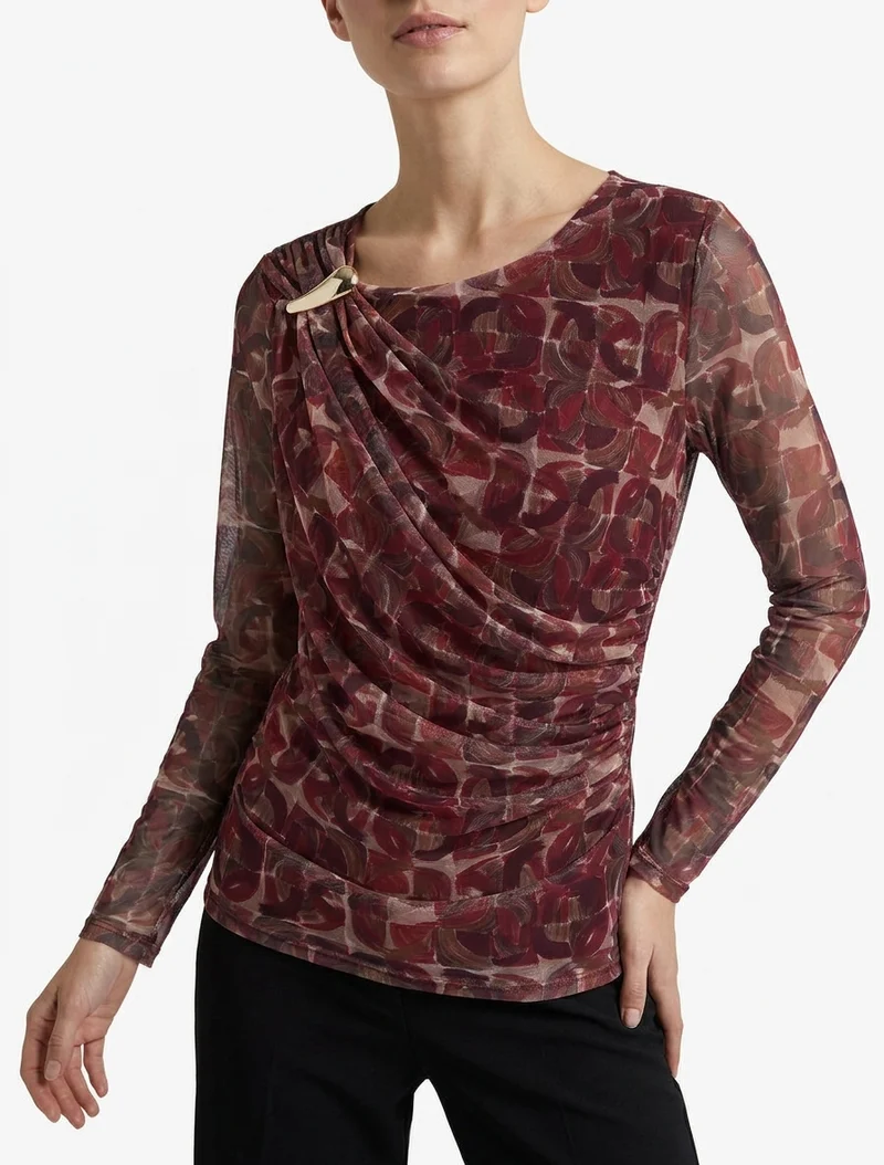 Top en tulle imprimé abstrait à empiècement bijou - Prune