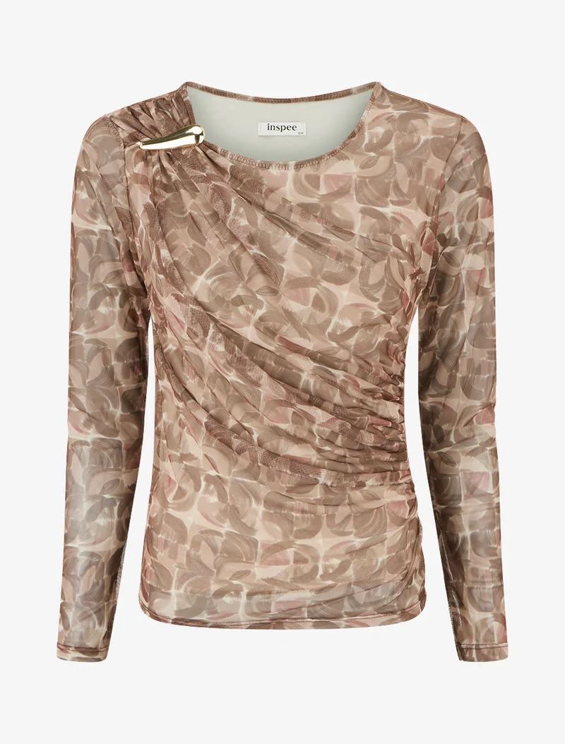 Top en tulle imprimé abstrait à empiècement bijou - Beige