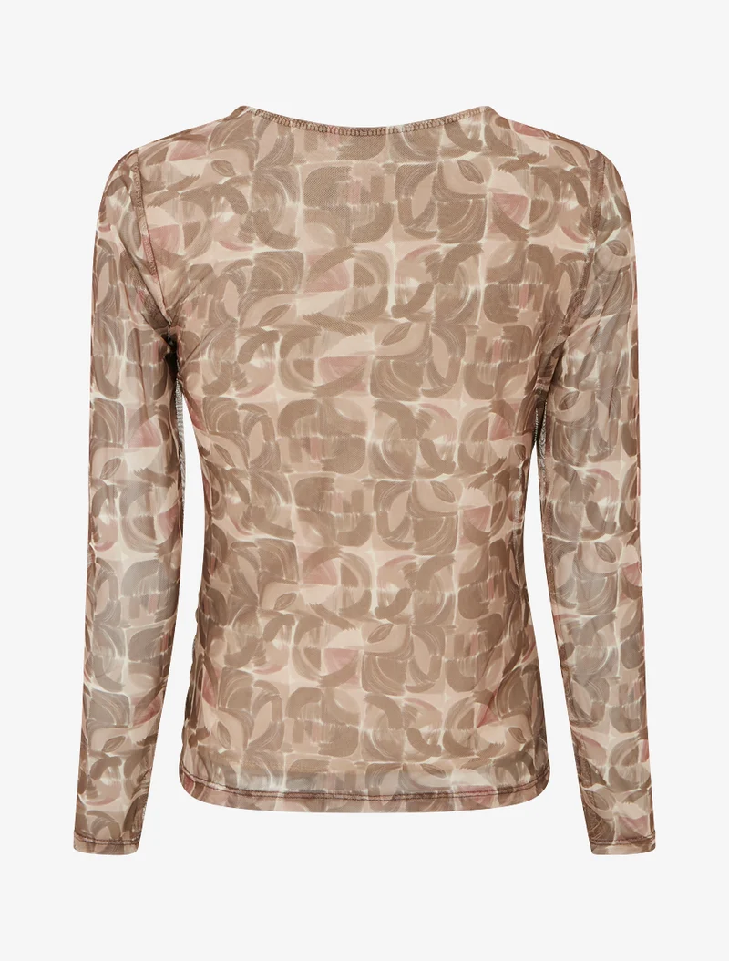 Top en tulle imprimé abstrait à empiècement bijou - Beige
