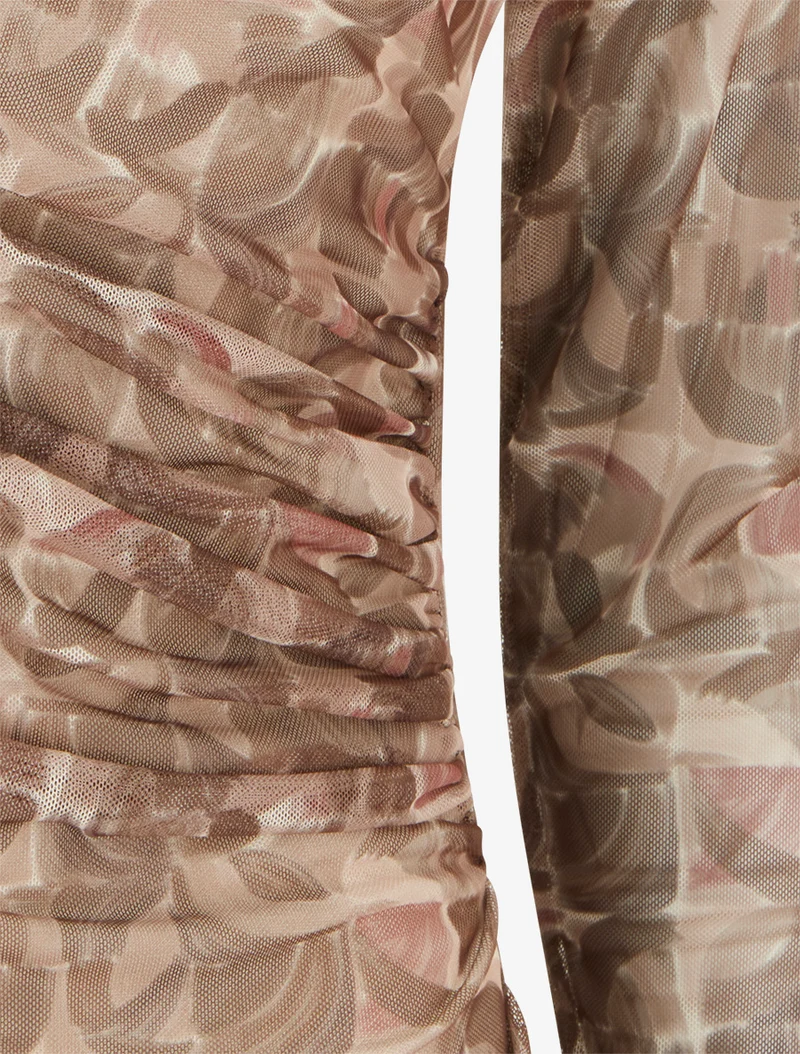 Top en tulle imprimé abstrait à empiècement bijou - Beige
