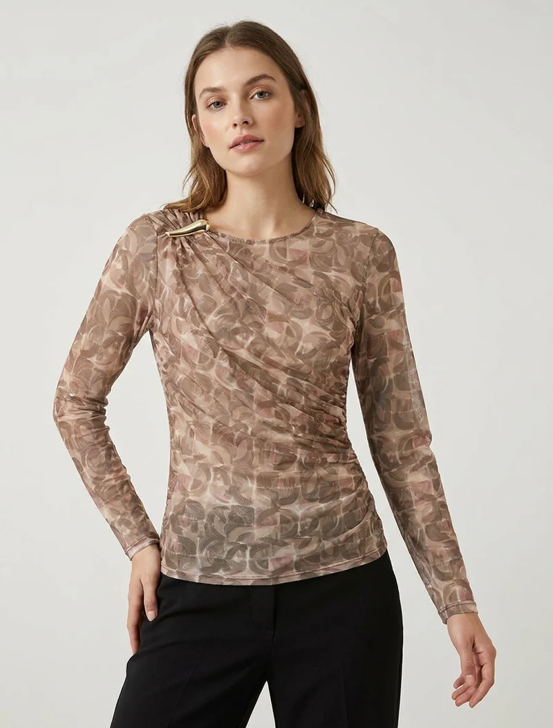Top en tulle imprimé abstrait à empiècement bijou - Beige