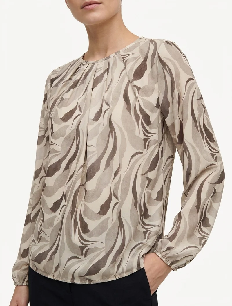 Blouse imprimé abstrait à col rond - Beige