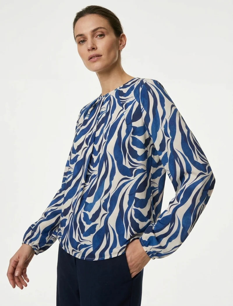 Blouse imprimé abstrait à col rond - Marine