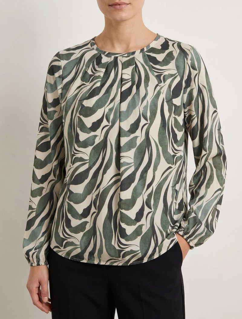 Blouse imprimé abstrait à col rond - Kaki