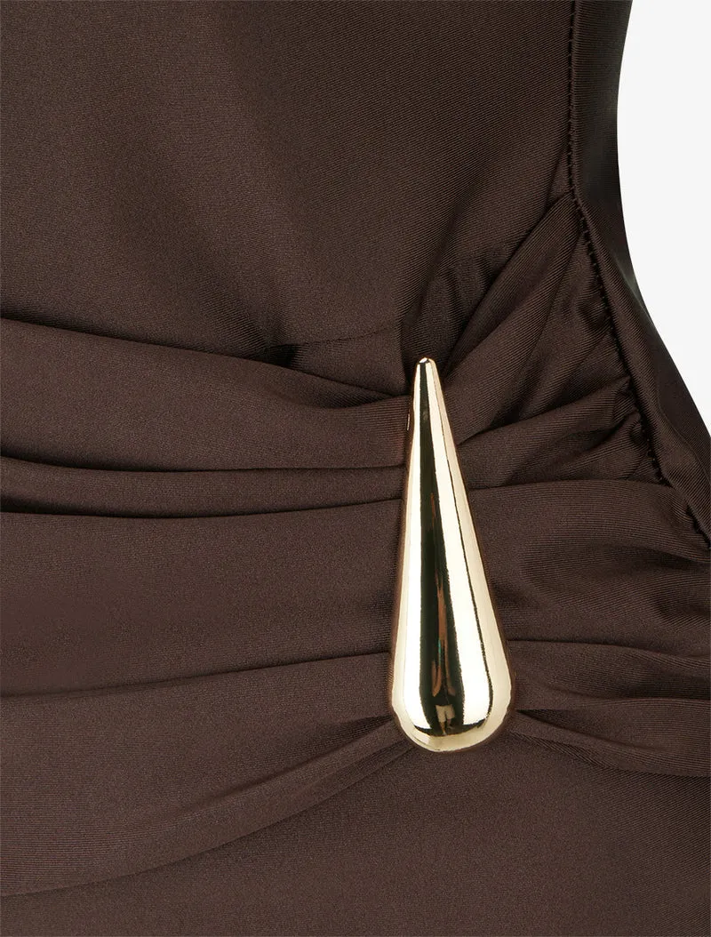 Robe mi-longue à bijou métal - Marron