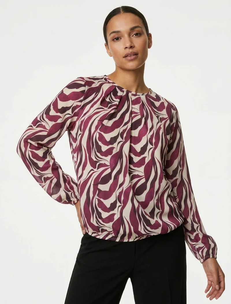Blouse imprimé abstrait à col rond - Prune