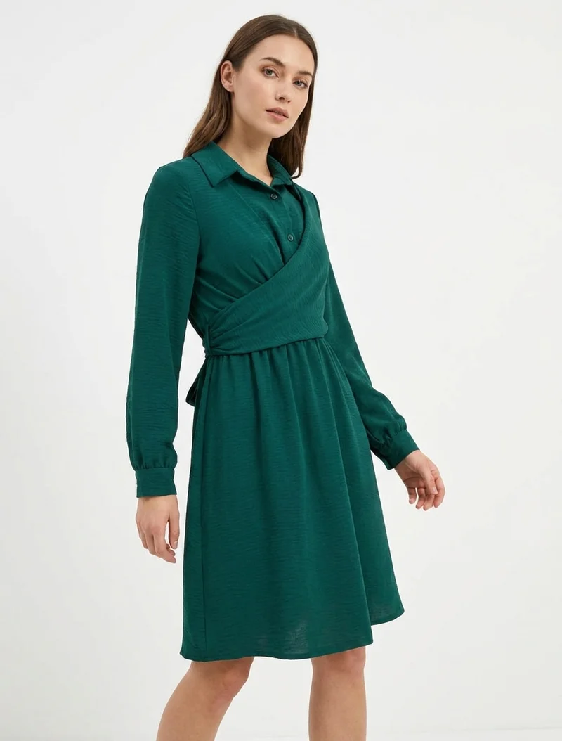 Robe chemise à pan à nouer - Vert foncé