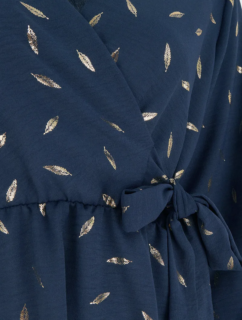 Robe élastiquée à plumes irisées - Marine