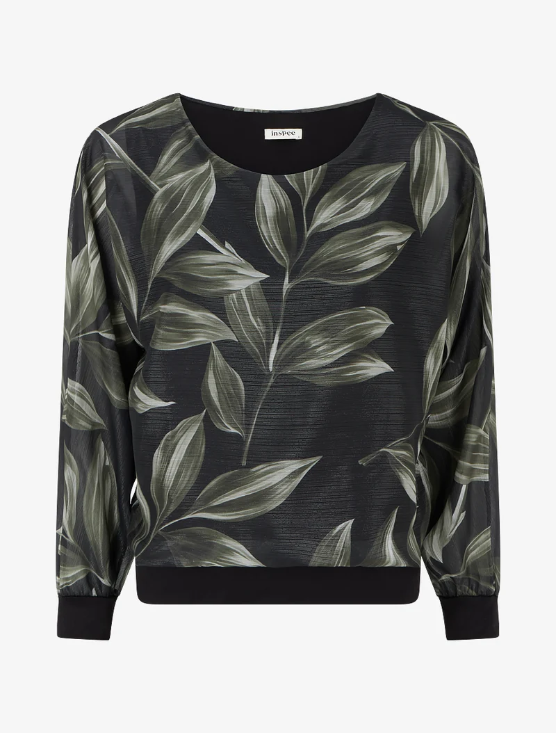 Blouse imprimé feuillage à détail irisé - Noir