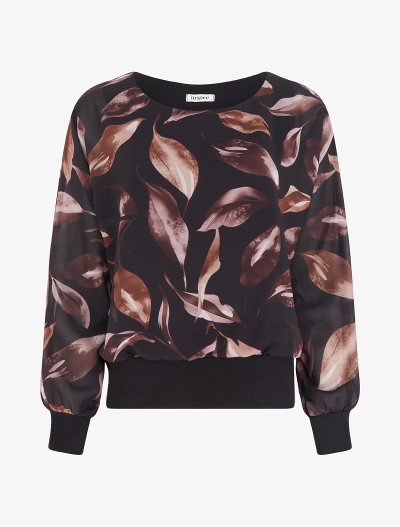 Top boule imprimé feuilles à manches chauve-souris - Noir